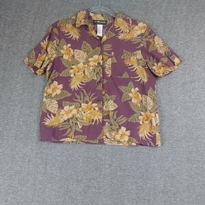 SAG HARBOR PETITE WOMENS VINTAGE PURPLE 100% SILK TROPICAL HAWAIIAN SHIRT SIZE M